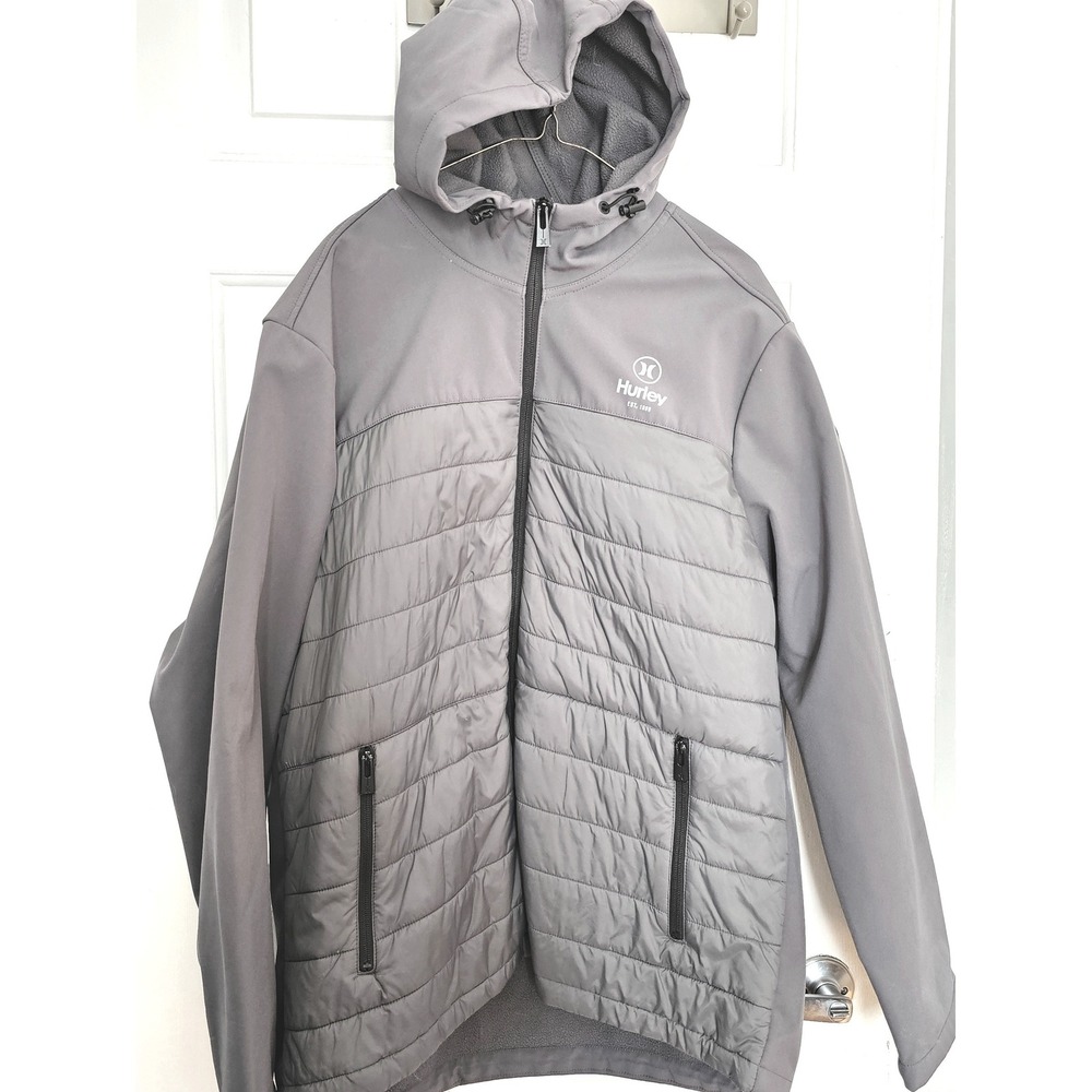 Hurley Men's Gray Lightweight Puffer Softshell Hooded Jacket XL TG‎ Full Zip